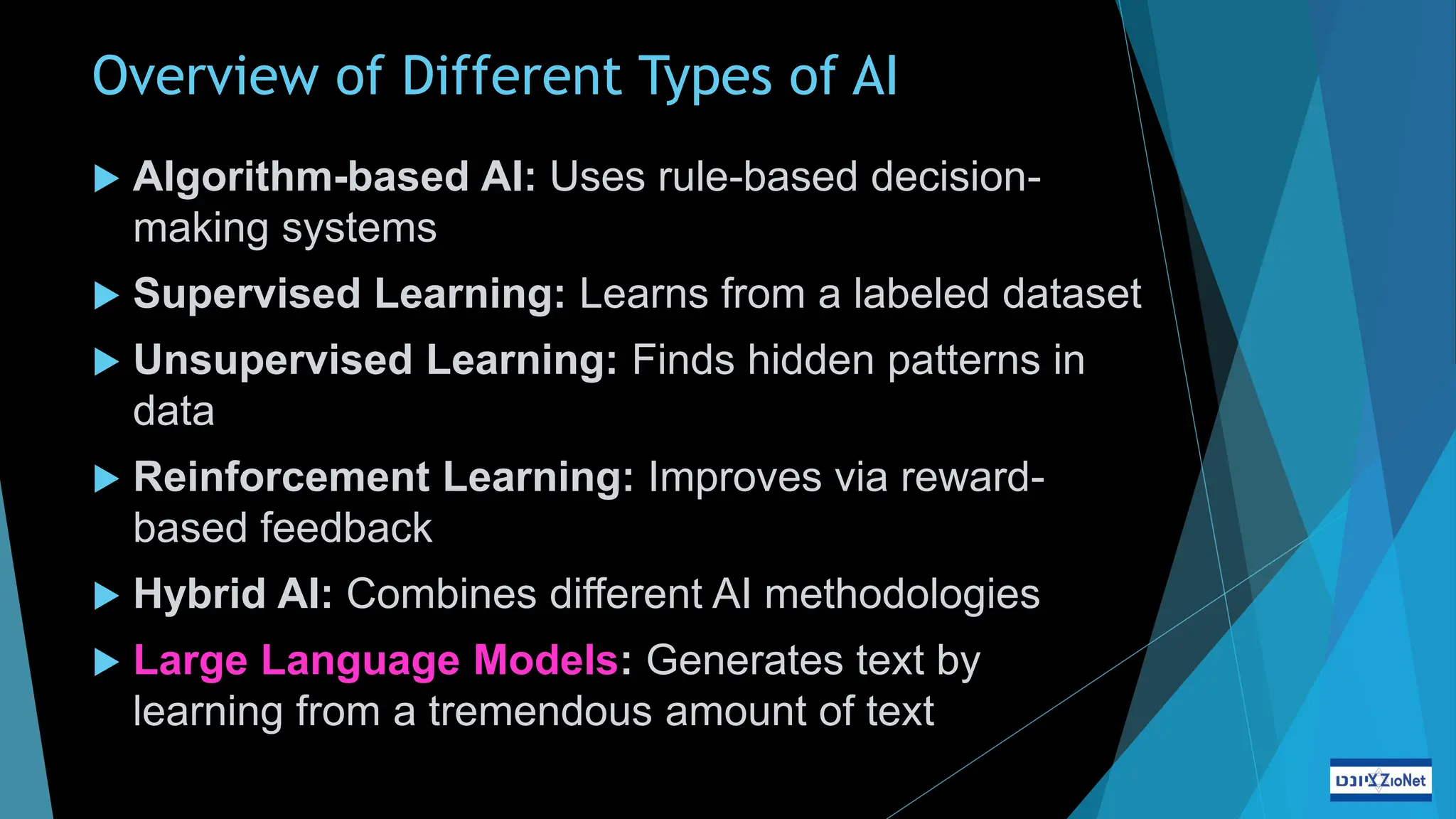Overview of Different Types of AI
 Algorithm-based AI: Uses rule-based decision-
making systems
 Supervised Learning: Learns from a labeled dataset
 Unsupervised Learning: Finds hidden patterns in
data
 Reinforcement Learning: Improves via reward-
based feedback
 Hybrid AI: Combines different AI methodologies
 Large Language Models: Generates text by
learning from a tremendous amount of text
 