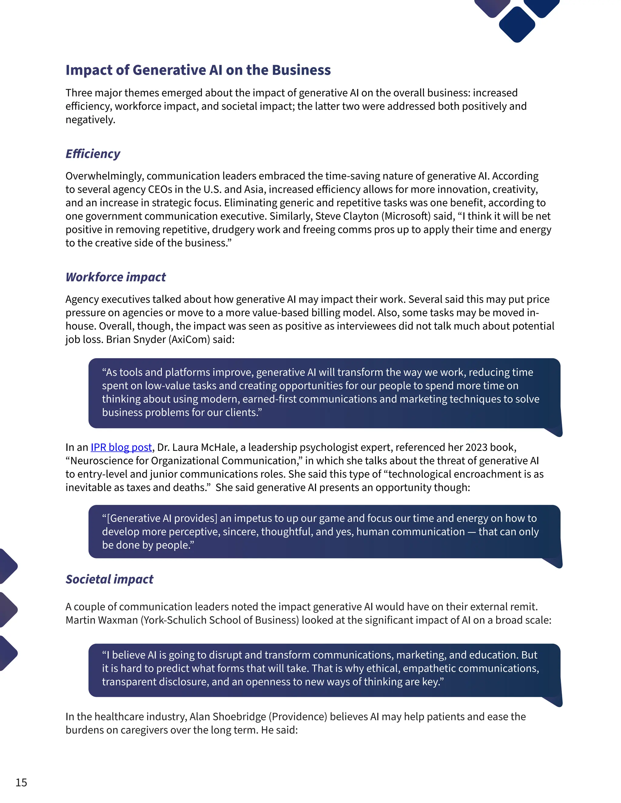Impact of Generative AI on the Business
Three major themes emerged about the impact of generative AI on the overall business: increased
efficiency, workforce impact, and societal impact; the latter two were addressed both positively and
negatively.
Efficiency
Overwhelmingly, communication leaders embraced the time-saving nature of generative AI. According
to several agency CEOs in the U.S. and Asia, increased efficiency allows for more innovation, creativity,
and an increase in strategic focus. Eliminating generic and repetitive tasks was one benefit, according to
one government communication executive. Similarly, Steve Clayton (Microsoft) said, “I think it will be net
positive in removing repetitive, drudgery work and freeing comms pros up to apply their time and energy
to the creative side of the business.”
Workforce impact
Agency executives talked about how generative AI may impact their work. Several said this may put price
pressure on agencies or move to a more value-based billing model. Also, some tasks may be moved in-
house. Overall, though, the impact was seen as positive as interviewees did not talk much about potential
job loss. Brian Snyder (AxiCom) said:
“As tools and platforms improve, generative AI will transform the way we work, reducing time
spent on low-value tasks and creating opportunities for our people to spend more time on
thinking about using modern, earned-first communications and marketing techniques to solve
business problems for our clients.”
In an IPR blog post, Dr. Laura McHale, a leadership psychologist expert, referenced her 2023 book,
“Neuroscience for Organizational Communication,” in which she talks about the threat of generative AI
to entry-level and junior communications roles. She said this type of “technological encroachment is as
inevitable as taxes and deaths.” She said generative AI presents an opportunity though:
“[Generative AI provides] an impetus to up our game and focus our time and energy on how to
develop more perceptive, sincere, thoughtful, and yes, human communication — that can only
be done by people.”
Societal impact
A couple of communication leaders noted the impact generative AI would have on their external remit.
Martin Waxman (York-Schulich School of Business) looked at the significant impact of AI on a broad scale:
“I believe AI is going to disrupt and transform communications, marketing, and education. But
it is hard to predict what forms that will take. That is why ethical, empathetic communications,
transparent disclosure, and an openness to new ways of thinking are key.”
In the healthcare industry, Alan Shoebridge (Providence) believes AI may help patients and ease the
burdens on caregivers over the long term. He said:
15
 