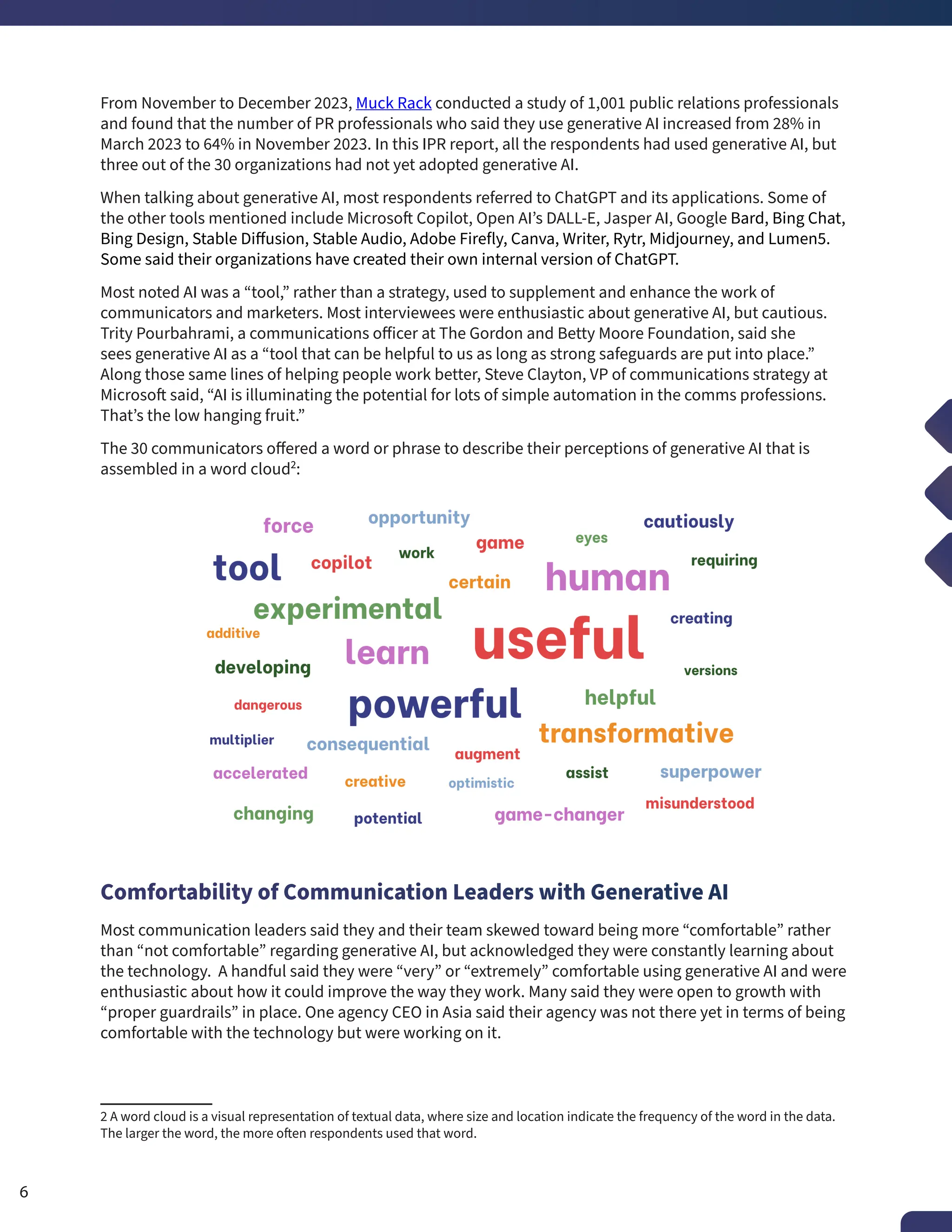 From November to December 2023, Muck Rack conducted a study of 1,001 public relations professionals
and found that the number of PR professionals who said they use generative AI increased from 28% in
March 2023 to 64% in November 2023. In this IPR report, all the respondents had used generative AI, but
three out of the 30 organizations had not yet adopted generative AI.
When talking about generative AI, most respondents referred to ChatGPT and its applications. Some of
the other tools mentioned include Microsoft Copilot, Open AI’s DALL-E, Jasper AI, Google Bard, Bing Chat,
Bing Design, Stable Diffusion, Stable Audio, Adobe Firefly, Canva, Writer, Rytr, Midjourney, and Lumen5.
Some said their organizations have created their own internal version of ChatGPT.
Most noted AI was a “tool,” rather than a strategy, used to supplement and enhance the work of
communicators and marketers. Most interviewees were enthusiastic about generative AI, but cautious.
Trity Pourbahrami, a communications officer at The Gordon and Betty Moore Foundation, said she
sees generative AI as a “tool that can be helpful to us as long as strong safeguards are put into place.”
Along those same lines of helping people work better, Steve Clayton, VP of communications strategy at
Microsoft said, “AI is illuminating the potential for lots of simple automation in the comms professions.
That’s the low hanging fruit.”
The 30 communicators offered a word or phrase to describe their perceptions of generative AI that is
assembled in a word cloud2
:
Comfortability of Communication Leaders with Generative AI
Most communication leaders said they and their team skewed toward being more “comfortable” rather
than “not comfortable” regarding generative AI, but acknowledged they were constantly learning about
the technology. A handful said they were “very” or “extremely” comfortable using generative AI and were
enthusiastic about how it could improve the way they work. Many said they were open to growth with
“proper guardrails” in place. One agency CEO in Asia said their agency was not there yet in terms of being
comfortable with the technology but were working on it.
2 A word cloud is a visual representation of textual data, where size and location indicate the frequency of the word in the data.
The larger the word, the more often respondents used that word.
6
 