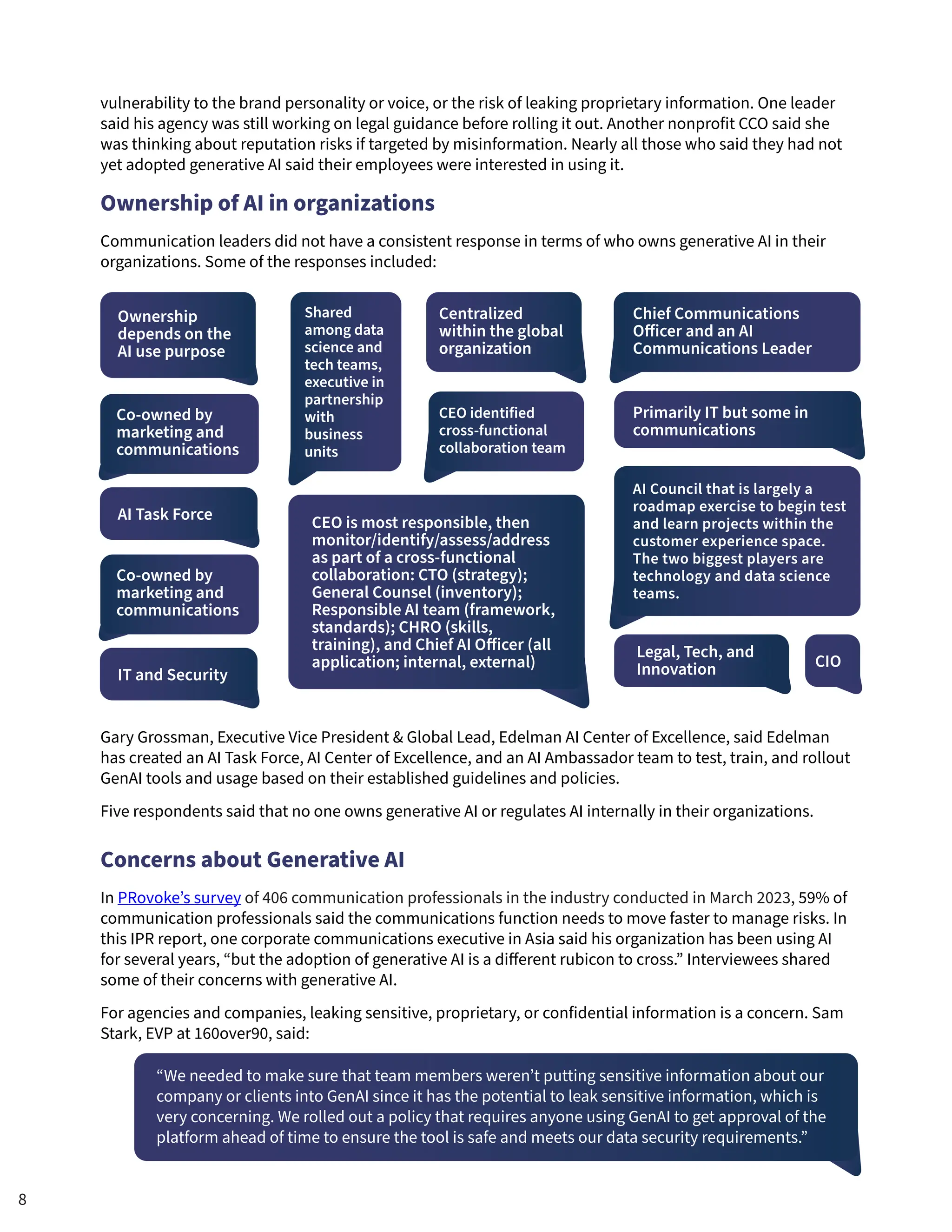 vulnerability to the brand personality or voice, or the risk of leaking proprietary information. One leader
said his agency was still working on legal guidance before rolling it out. Another nonprofit CCO said she
was thinking about reputation risks if targeted by misinformation. Nearly all those who said they had not
yet adopted generative AI said their employees were interested in using it.
Ownership of AI in organizations
Communication leaders did not have a consistent response in terms of who owns generative AI in their
organizations. Some of the responses included:
Gary Grossman, Executive Vice President & Global Lead, Edelman AI Center of Excellence, said Edelman
has created an AI Task Force, AI Center of Excellence, and an AI Ambassador team to test, train, and rollout
GenAI tools and usage based on their established guidelines and policies.
Five respondents said that no one owns generative AI or regulates AI internally in their organizations.
Concerns about Generative AI
In PRovoke’s survey of 406 communication professionals in the industry conducted in March 2023, 59% of
communication professionals said the communications function needs to move faster to manage risks. In
this IPR report, one corporate communications executive in Asia said his organization has been using AI
for several years, “but the adoption of generative AI is a different rubicon to cross.” Interviewees shared
some of their concerns with generative AI.
For agencies and companies, leaking sensitive, proprietary, or confidential information is a concern. Sam
Stark, EVP at 160over90, said:
“We needed to make sure that team members weren’t putting sensitive information about our
company or clients into GenAI since it has the potential to leak sensitive information, which is
very concerning. We rolled out a policy that requires anyone using GenAI to get approval of the
platform ahead of time to ensure the tool is safe and meets our data security requirements.”
Ownership
depends on the
AI use purpose
Co-owned by
marketing and
communications
Co-owned by
marketing and
communications
AI Task Force
IT and Security
CIO
Legal, Tech, and
Innovation
Centralized
within the global
organization
Shared
among data
science and
tech teams,
executive in
partnership
with
business
units
CEO identified
cross-functional
collaboration team
Chief Communications
Officer and an AI
Communications Leader
Primarily IT but some in
communications
AI Council that is largely a
roadmap exercise to begin test
and learn projects within the
customer experience space.
The two biggest players are
technology and data science
teams.
CEO is most responsible, then
monitor/identify/assess/address
as part of a cross-functional
collaboration: CTO (strategy);
General Counsel (inventory);
Responsible AI team (framework,
standards); CHRO (skills,
training), and Chief AI Officer (all
application; internal, external)
8
 