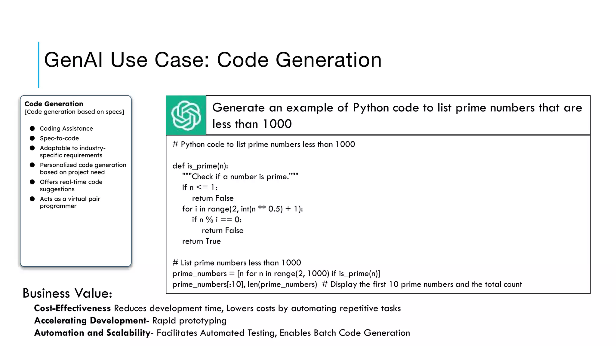 GenAI Use Case: Code Generation
Code Generation
[Code generation based on specs]
● Coding Assistance
● Spec-to-code
● Adaptable to industry-
specific requirements
● Personalized code generation
based on project need
● Offers real-time code
suggestions
● Acts as a virtual pair
programmer
Generate an example of Python code to list prime numbers that are
less than 1000
Business Value:
Cost-Effectiveness Reduces development time, Lowers costs by automating repetitive tasks
Accelerating Development- Rapid prototyping
Automation and Scalability- Facilitates Automated Testing, Enables Batch Code Generation
# Python code to list prime numbers less than 1000
def is_prime(n):
"""Check if a number is prime."""
if n <= 1:
return False
for i in range(2, int(n ** 0.5) + 1):
if n % i == 0:
return False
return True
# List prime numbers less than 1000
prime_numbers = [n for n in range(2, 1000) if is_prime(n)]
prime_numbers[:10], len(prime_numbers) # Display the first 10 prime numbers and the total count
 