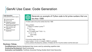 GenAI Use Case: Code Generation
Code Generation
[Code generation based on specs]
● Coding Assistance
● Spec-to-code
● Adaptable to industry-
specific requirements
● Personalized code generation
based on project need
● Offers real-time code
suggestions
● Acts as a virtual pair
programmer
Generate an example of Python code to list prime numbers that are
less than 1000
Business Value:
Cost-Effectiveness Reduces development time, Lowers costs by automating repetitive tasks
Accelerating Development- Rapid prototyping
Automation and Scalability- Facilitates Automated Testing, Enables Batch Code Generation
# Python code to list prime numbers less than 1000
def is_prime(n):
"""Check if a number is prime."""
if n <= 1:
return False
for i in range(2, int(n ** 0.5) + 1):
if n % i == 0:
return False
return True
# List prime numbers less than 1000
prime_numbers = [n for n in range(2, 1000) if is_prime(n)]
prime_numbers[:10], len(prime_numbers) # Display the first 10 prime numbers and the total count
 
