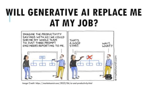 WILL GENERATIVE AI REPLACE ME
AT MY JOB?
Image Credit: https://marketoonist.com/2023/06/ai-and-productivity.html
 