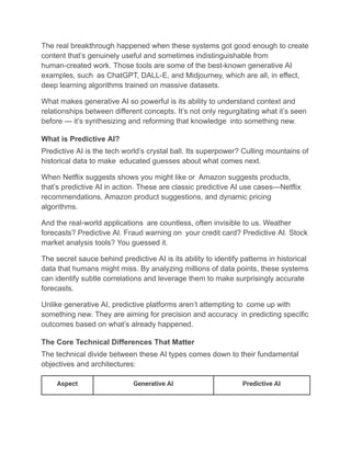 The real breakthrough happened when these systems got good enough to create
content that’s genuinely useful and sometimes indistinguishable from
human-created work. Those tools are some of the best-known generative AI
examples, such as ChatGPT, DALL-E, and Midjourney, which are all, in effect,
deep learning algorithms trained on massive datasets.
What makes generative AI so powerful is its ability to understand context and
relationships between different concepts. It’s not only regurgitating what it’s seen
before — it’s synthesizing and reforming that knowledge into something new.
What is Predictive AI?
Predictive AI is the tech world’s crystal ball. Its superpower? Culling mountains of
historical data to make educated guesses about what comes next.
When Netflix suggests shows you might like or Amazon suggests products,
that’s predictive AI in action. These are classic predictive AI use cases—Netflix
recommendations, Amazon product suggestions, and dynamic pricing
algorithms.
And the real-world applications are countless, often invisible to us. Weather
forecasts? Predictive AI. Fraud warning on your credit card? Predictive AI. Stock
market analysis tools? You guessed it.
The secret sauce behind predictive AI is its ability to identify patterns in historical
data that humans might miss. By analyzing millions of data points, these systems
can identify subtle correlations and leverage them to make surprisingly accurate
forecasts.
Unlike generative AI, predictive platforms aren’t attempting to come up with
something new. They are aiming for precision and accuracy in predicting specific
outcomes based on what’s already happened.
The Core Technical Differences That Matter
The technical divide between these AI types comes down to their fundamental
objectives and architectures:
Aspect Generative AI Predictive AI
 