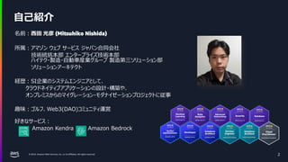 © 2024, Amazon Web Services, Inc. or its affiliates. All rights reserved.
自己紹介
2
名前：西田 光彦 (Mitsuhiko Nishida)
所属：アマゾン ウェブ サービス ジャパン合同会社
技術統括本部 エンタープライズ技術本部
ハイテク・製造・自動車産業グループ 製造第三ソリューション部
ソリューションアーキテクト
経歴：SI企業のシステムエンジニアとして、
クラウドネイティブアプリケーションの設計・構築や、
オンプレミスからのマイグレーション・モダナイゼーションプロジェクトに従事
趣味：ゴルフ、Web3(DAO)コミュニティ運営
好きなサービス：
Amazon Kendra Amazon Bedrock
 