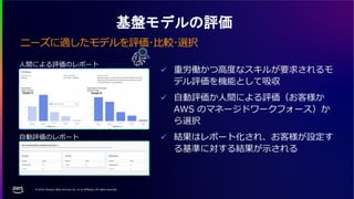 © 2024, Amazon Web Services, Inc. or its affiliates. All rights reserved.
基盤モデルの評価
ニーズに適したモデルを評価･比較･選択
✓ 重労働かつ高度なスキルが要求されるモ
デル評価を機能として吸収
✓ 自動評価か人間による評価（お客様か
AWS のマネージドワークフォース）か
ら選択
✓ 結果はレポート化され、お客様が設定す
る基準に対する結果が示される
人間による評価のレポート
自動評価のレポート
 