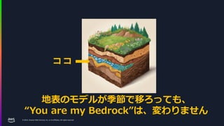 © 2024, Amazon Web Services, Inc. or its affiliates. All rights reserved.
ココ
地表のモデルが季節で移ろっても、
“You are my Bedrock”は、変わりません
 