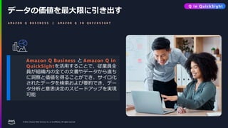 © 2024, Amazon Web Services, Inc. or its affiliates. All rights reserved.
データの価値を最大限に引き出す
A M A Z O N Q B U S I N E S S と A M A Z O N Q I N Q U I C K S I G H T
Amazon Q Business と Amazon Q in
QuickSightを活用することで、従業員全
員が組織内の全ての文書やデータから直ち
に洞察と価値を得ることができ、サイロ化
されたデータを検索および要約でき、デー
タ分析と意思決定のスピードアップを実現
可能
Q in QuickSight
 