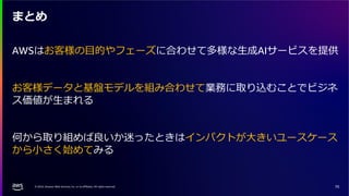 © 2024, Amazon Web Services, Inc. or its affiliates. All rights reserved.
まとめ
AWSはお客様の目的やフェーズに合わせて多様な生成AIサービスを提供
お客様データと基盤モデルを組み合わせて業務に取り込むことでビジネ
ス価値が生まれる
何から取り組めば良いか迷ったときはインパクトが大きいユースケース
から小さく始めてみる
70
 