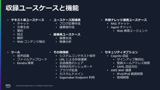 © 2024, Amazon Web Services, Inc. or its affiliates. All rights reserved.
収録ユースケースと機能
• テキスト系ユースケース
• チャット
• 文章生成
• 要約
• 校正
• 翻訳
• Web コンテンツ抽出
• 画像系ユースケース
• 画像生成
• 映像分析
• ユースケース間連携
• ブログ記事作成
• 議事録作成
• ツール
• 音声認識
• ファイルアップロード
• Kendra 検索
• 外部ナレッジ連携ユースケース
• RAG チャット
• Agent チャット
• Web 検索エージェント
• セキュリティオプション
• Cognito 認証
• サインアップ無効化
• 登録メールアドレス制限
• SAML 認証対応
• AWS WAF 連携
• IPv4/IPv6 範囲制限
• 地域制限
• その他機能
• システムコンテキスト保存
• URL による外部連携
• 会話履歴のシェア
• 利用状況ダッシュボード
• ブラウザ拡張
• カスタムドメイン
• Sagemaker Endpoint 利用
 