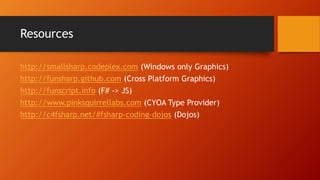 Resources
http://smallsharp.codeplex.com (Windows only Graphics)
http://funsharp.github.com (Cross Platform Graphics)
http...