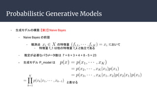 Probabilistic Generative Models
- ɥǥΘB 2 Naive Bayes
- Naive Bayes ǰ
- Qy ؏ ˤ
- ؏ f_1 ؏ f_k ȶǤ
- ƶҪʥѥ` 7 + 6 + 3 + 4 + 8 - 5 = 23
- ɥǥ P_model 
ȱ
 