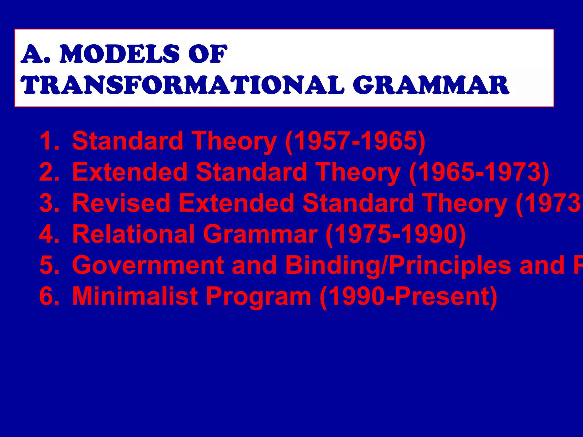 A. MODELS OF 
TRANSFORMATIONAL GRAMMAR 
1. Standard Theory (1957-1965) 
2. Extended Standard Theory (1965-1973) 
3. Revised Extended Standard Theory (1973-4. Relational Grammar (1975-1990) 
5. Government and Binding/Principles and Parameters 6. Minimalist Program (1990-Present) 
 