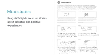Snags & Delights are mini-stories
about negative and positive
experiences.
Mini stories
 