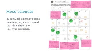 Mood calendar
30 day Mood Calendar to track
emotions, key moments, and
provide a platform for
follow-up discussion.
 
