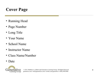 Cover Page Running Head Page Number Long Title Your Name School Name Instructor Name Class Name/Number Date 