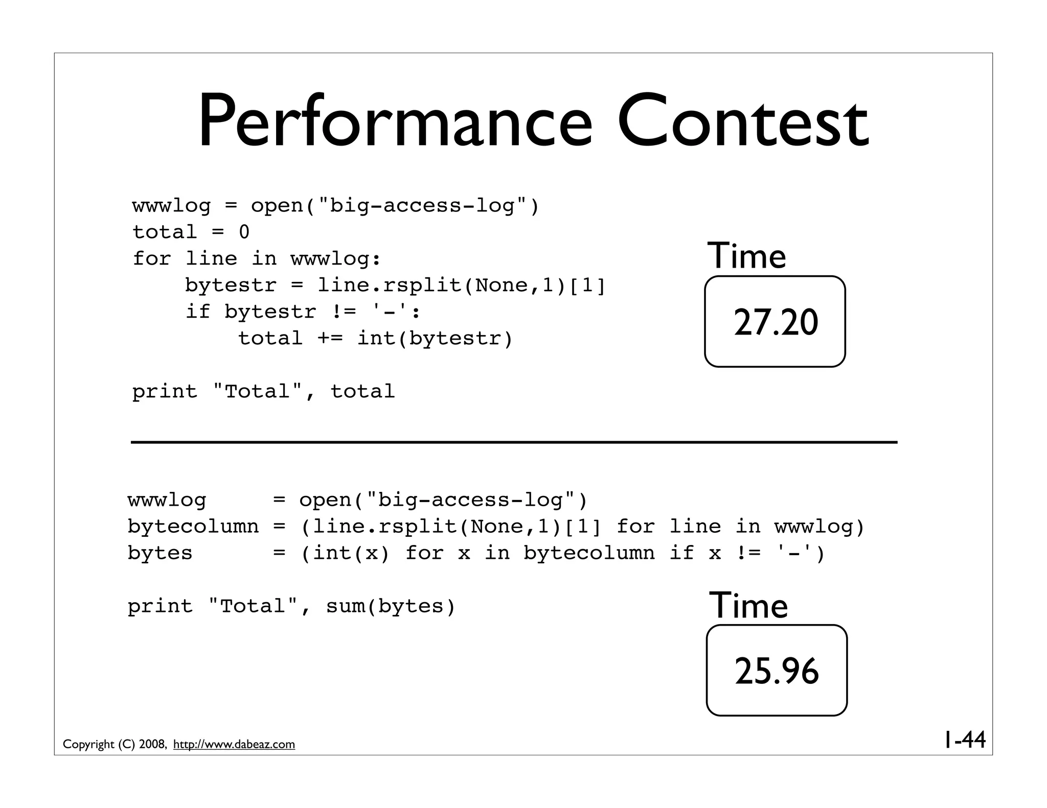 Performance Contest
            wwwlog = open("big-access-log")
            total = 0
            for line in wwwlog:                       Time
                bytestr = line.rsplit(None,1)[1]
                if bytestr != '-':
                    total += int(bytestr)               27.20
            print "Total", total



           wwwlog     = open("big-access-log")
           bytecolumn = (line.rsplit(None,1)[1] for line in wwwlog)
           bytes      = (int(x) for x in bytecolumn if x != '-')

           print "Total", sum(bytes)                   Time
                                                        25.96
Copyright (C) 2008, http://www.dabeaz.com                             1-44
 