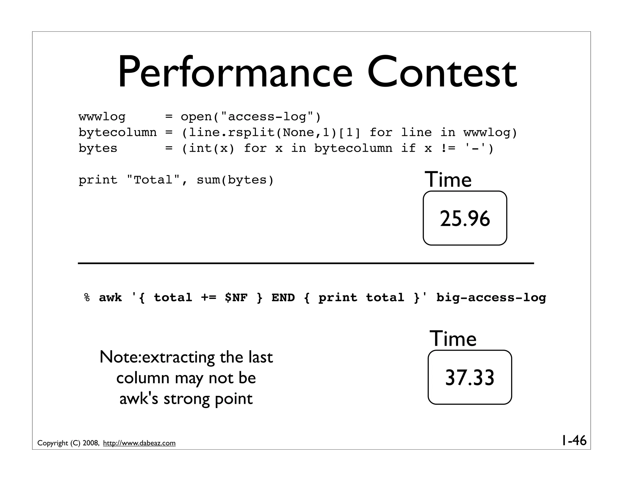 Performance Contest
            wwwlog     = open("access-log")
            bytecolumn = (line.rsplit(None,1)[1] for line in wwwlog)
            bytes      = (int(x) for x in bytecolumn if x != '-')

            print "Total", sum(bytes)                   Time
                                                          25.96


             % awk '{ total += $NF } END { print total }' big-access-log


                                                         Time
                  Note:extracting the last
                   column may not be                       37.33
                    awk's strong point

Copyright (C) 2008, http://www.dabeaz.com                                  1-46
 