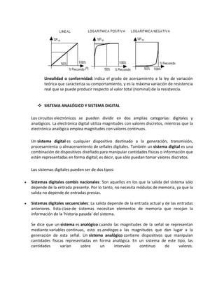 Linealidad o conformidad: indica el grado de acercamiento a la ley de variación
           teórica que caracteriza su comportamiento, y es la máxima variación de resistencia
           real que se puede producir respecto al valor total (nominal) de la resistencia.


        SISTEMA ANALÓGICO Y SISTEMA DIGITAL

    Los circuitos electrónicos se pueden dividir en dos amplias categorías: digitales y
    analógicos. La electrónica digital utiliza magnitudes con valores discretos, mientras que la
    electrónica analógica emplea magnitudes con valores continuos.

    Un sistema digital es cualquier dispositivo destinado a la generación, transmisión,
    procesamiento o almacenamiento de señales digitales. También un sistema digital es una
    combinación de dispositivos diseñado para manipular cantidades físicas o información que
    estén representadas en forma digital; es decir, que sólo puedan tomar valores discretos.

    Los sistemas digitales pueden ser de dos tipos:

   Sistemas digitales combis nacionales: Son aquellos en los que la salida del sistema sólo
    depende de la entrada presente. Por lo tanto, no necesita módulos de memoria, ya que la
    salida no depende de entradas previas.

   Sistemas digitales secuenciales: La salida depende de la entrada actual y de las entradas
    anteriores. Esta clase de sistemas necesitan elementos de memoria que recojan la
    información de la 'historia pasada' del sistema.

    Se dice que un sistema es analógico cuando las magnitudes de la señal se representan
    mediante variables continuas, esto es análogas a las magnitudes que dan lugar a la
    generación de esta señal. Un sistema analógico contiene dispositivos que manipulan
    cantidades físicas representadas en forma analógica. En un sistema de este tipo, las
    cantidades      varían     sobre     un     intervalo   continuo      de     valores.
 