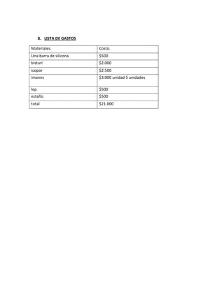 8. LISTA DE GASTOS

Materiales.                Costo.
Una barra de silicona      $500
bisturí                    $2.000
icopor                     $2.500
imanes                     $3.000 unidad 5 unidades

lep                        $500
estaño                     $500
total                      $21.000
 