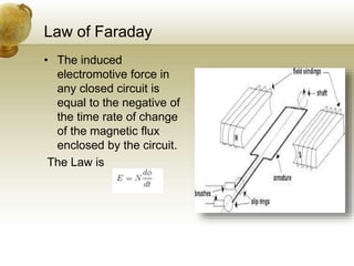 Law of Faraday
• The induced
electromotive force in
any closed circuit is
equal to the negative of
the time rate of change
of the magnetic flux
enclosed by the circuit.
The Law is
 
