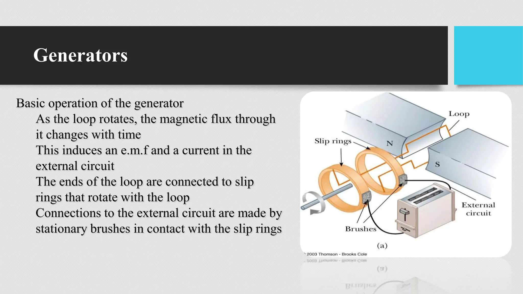 Generators
Basic operation of the generator
As the loop rotates, the magnetic flux through
it changes with time
This induces an e.m.f and a current in the
external circuit
The ends of the loop are connected to slip
rings that rotate with the loop
Connections to the external circuit are made by
stationary brushes in contact with the slip rings
 