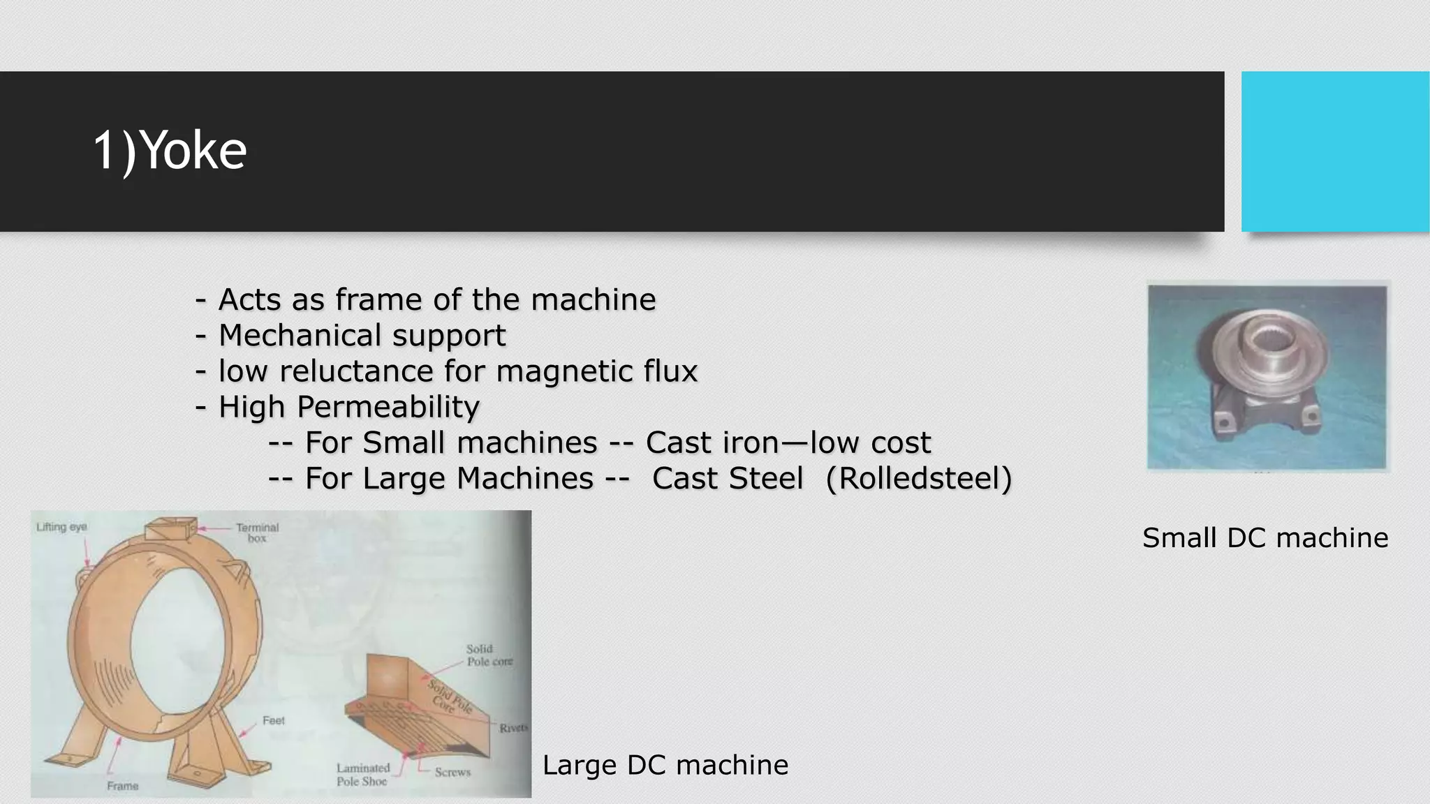 1)Yoke
- Acts as frame of the machine
- Mechanical support
- low reluctance for magnetic flux
- High Permeability
-- For Small machines -- Cast iron—low cost
-- For Large Machines -- Cast Steel (Rolledsteel)
Large DC machine
Small DC machine
 