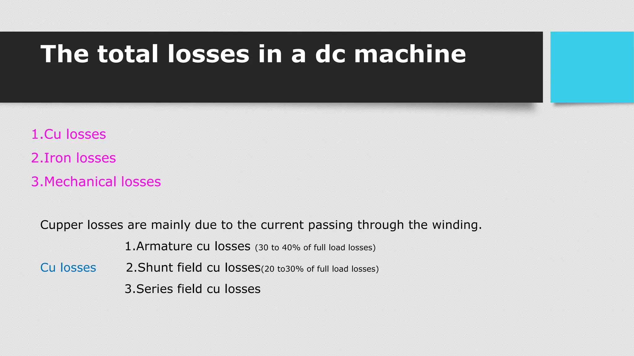 The total losses in a dc machine
1.Cu losses
2.Iron losses
3.Mechanical losses
Cupper losses are mainly due to the current passing through the winding.
1.Armature cu losses (30 to 40% of full load losses)
Cu losses 2.Shunt field cu losses(20 to30% of full load losses)
3.Series field cu losses
 