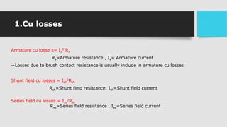 1.Cu losses
Armature cu losse s= Ia
2 Ra
Ra=Armature resistance , Ia= Armature current
--Losses due to brush contact resistance is usually include in armature cu losses
Shunt field cu losses = Ish
2Rsh
Rsh=Shunt field resistance, Ish=Shunt field current
Series field cu losses = Ise
2Rse
Rse=Series field resistance , Ise=Series field current
 
