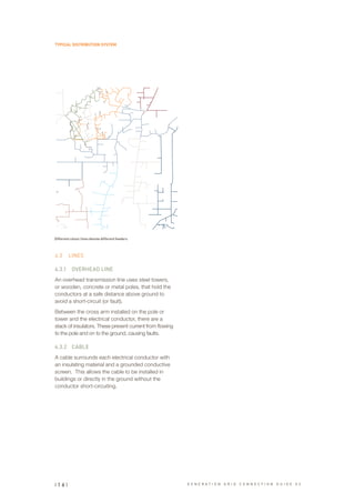 4.3	 LINES
4.3.1	 OVERHEAD LINE
An overhead transmission line uses steel towers,
or wooden, concrete or metal poles, that hold the
conductors at a safe distance above ground to
avoid a short-circuit (or fault).
Between the cross arm installed on the pole or
tower and the electrical conductor, there are a
stack of insulators. These prevent current from flowing
to the pole and on to the ground, causing faults.
4.3.2	 CABLE
A cable surrounds each electrical conductor with
an insulating material and a grounded conductive
screen. This allows the cable to be installed in
buildings or directly in the ground without the
conductor short-circuiting.
TYPICAL DISTRIBUTION SYSTEM
Bus 1
Bus 2
T2
“A” BUS
“B” BUS
822
824
821
823
825
BDP81
T1
812
814
811
813
815
MRR81
Different colour lines denote different feeders
| 1 6 | G E N E R A T I O N G R I D C O N N E C T I O N G U I D E V 2
 