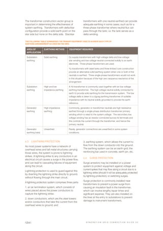 The transformer construction vector group is
important in determining the effectiveness of
system earthing. Transformers with delta/star
configuration provide a solid earth point on the
star side but none on the delta side. Star/star
6.3	 LIGHTNING PROTECTION
As most power systems have a network of
overhead wires and tall metal structures carrying
those wires, the system is prone to lightning
strikes. A lightning strike to any conductors in an
electrical circuit causes a surge in the power flow,
and can lead to cascading failures of equipment
along the circuit.
Lightning protection is used to guard against this
by diverting the lightning strike directly to ground,
without flowing through the main circuit.
A lightning protection system comprises three parts:
1. an air termination system, which consists of
wires placed above the power conductors to
capture the lightning strike;
2. down conductors, which are the steel towers
and/or conductors that take the current from the
overhead wires to ground; and
transformers with one neutral earthed can provide
adequate earthing in some cases; such as for a
three-phase transformer where neutral flux can
pass through the tank; i.e. the tank serves as a
delta winding.
3. earthing system, which allows the current to
flow from the down conductor into the ground.
The earthing system can be an earth-grid, the
reinforcing bar used in concrete, earth pin, etc.
6.4	 SURGE PROTECTION
Surge arrestors may be installed on a power
system to protect equipment against voltage and
current spikes that may flow along a circuit due to a
lightning strike (should it not be adequately protected
by lightning protection), or switching surges.
Surge protection is commonly installed near
transformers to prevent a power surge from
causing an insulation fault in the transformer,
which can involve lengthy repair times and
significant expense. They are also installed on
the lines at the entry to substations to prevent
damage to instrument transformers.
THE FOLLOWING TABLE SUMMARISES THE PRIMARY EQUIPMENT USED TO ACHIEVE EACH TYPE OF
EARTHING ARRANGEMENT AS USED ON THE SWIS.
AREA OF
APPLICATION
EARTHING METHOD EQUIPMENT REQUIRED
Substation
earthing
Solid earthing Dy supply transformers with high voltage delta and low voltage
star winding and low voltage neutral connected solidly to an earth
electrode. Three-phase transformers are used.
Yy transformers with steel tanks and three limbed core construction
provide an alternative solid earthing system when one or both of the
neutrals is earthed. Three single-phase transformers would not work
in this situation because of the high zero sequence reactance of the
arrangement.
Substation
earthing
High and low
impedance earthing
A Yd transformer is commonly used together with an low voltage
earthing transformer. The high voltage neutral solidly connected to
earth to provide solid earthing for the transmission system. The low
voltage delta is taken to a zigzag earthing transformer of suitable
impedance with its neutral solidly grounded to provide the earth
reference.
Generator
earthing
High impedance
earthing
Commonly, generator or transformer neutrals are high resistance
earthed through a single-phase distribution transformer primary
winding which is rated to the system voltage. The secondary low
voltage winding has as resistor connected across its terminals and
this controls the current through the transformer, and hence the
primary neutral.
Generator
earthing (rare)
Unearthed Rarely, generator connections are unearthed in some system
conditions.
| 2 6 | G E N E R A T I O N G R I D C O N N E C T I O N G U I D E V 2
 