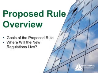 • Goals of the Proposed Rule
• Where Will the New
Regulations Live?
Proposed Rule
Overview
 