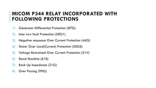 MICOM P344 RELAY INCORPORATED WITH
FOLLOWING PROTECTIONS
1) Generator Differential Protection (87G)
2) Inter turn fault Protection (50G1)
3) Negative sequence Over Current Protection (46G)
4) Stator Over Load(Current) Protection (50GS)
5) Voltage Restrained Over Current Protection (51V)
6) Dead Machine (61B)
7) Back Up Impedance (21G)
8) Over Fluxing (99G)
 