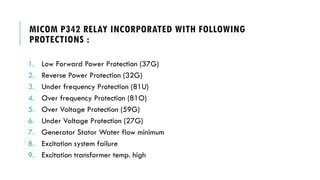 MICOM P342 RELAY INCORPORATED WITH FOLLOWING
PROTECTIONS :
1. Low Forward Power Protection (37G)
2. Reverse Power Protection (32G)
3. Under frequency Protection (81U)
4. Over frequency Protection (81O)
5. Over Voltage Protection (59G)
6. Under Voltage Protection (27G)
7. Generator Stator Water flow minimum
8. Excitation system failure
9. Excitation transformer temp. high
 