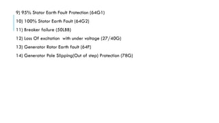 9) 95% Stator Earth Fault Protection (64G1)
10) 100% Stator Earth Fault (64G2)
11) Breaker failure (50LBB)
12) Loss Of excitation with under voltage (27/40G)
13) Generator Rotor Earth fault (64F)
14) Generator Pole Slipping(Out of step) Protection (78G)
 