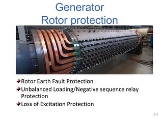 34
Generator
Rotor protection
Rotor Earth Fault Protection
Unbalanced Loading/Negative sequence relay
Protection
Loss of Excitation Protection
 