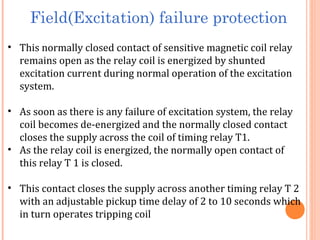 Field(Excitation) failure protection
• This normally closed contact of sensitive magnetic coil relay
remains open as the relay coil is energized by shunted
excitation current during normal operation of the excitation
system.
• As soon as there is any failure of excitation system, the relay
coil becomes de-energized and the normally closed contact
closes the supply across the coil of timing relay T1.
• As the relay coil is energized, the normally open contact of
this relay T 1 is closed.
• This contact closes the supply across another timing relay T 2
with an adjustable pickup time delay of 2 to 10 seconds which
in turn operates tripping coil
 