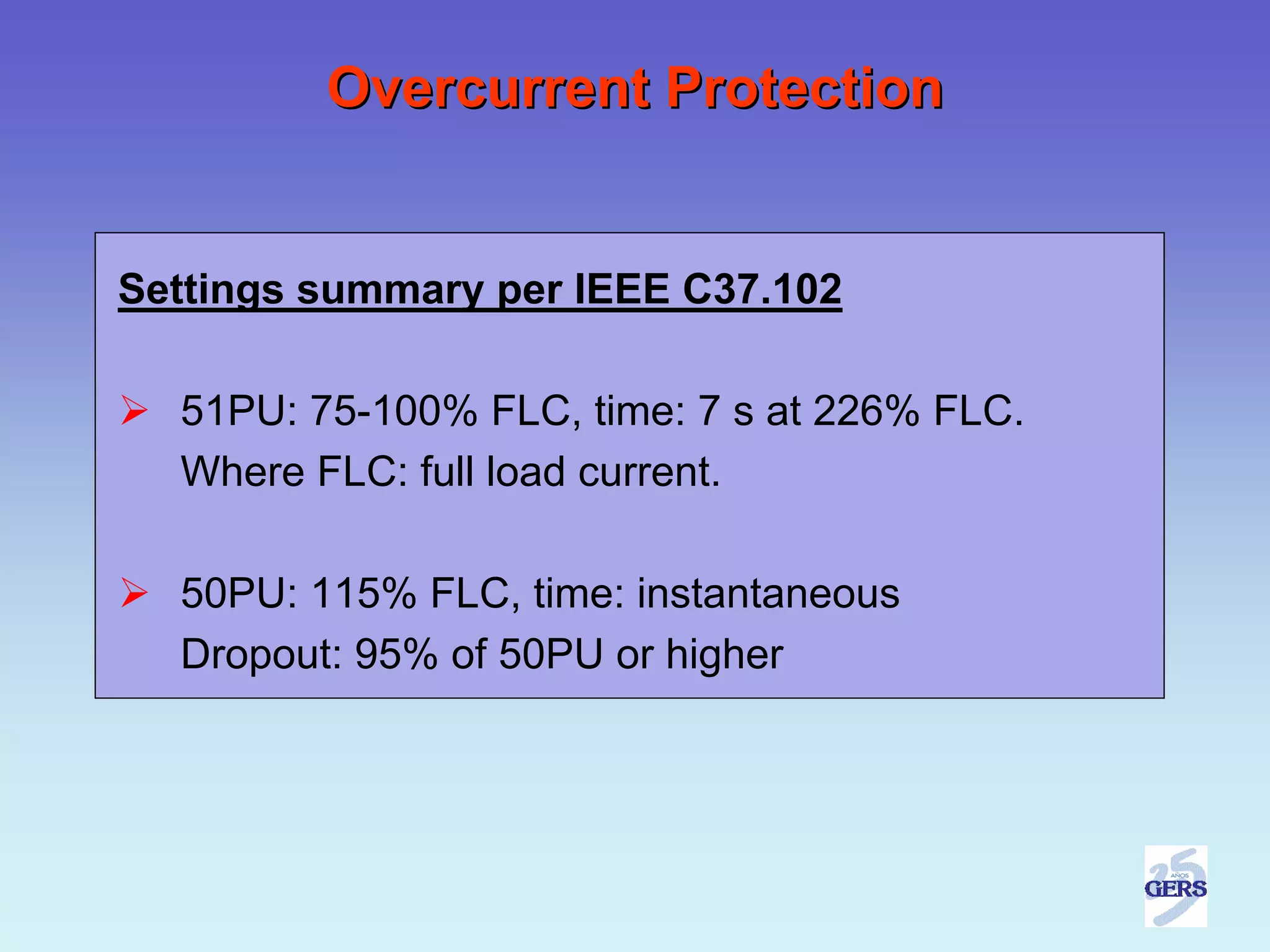Overcurrent Protection


Settings summary per IEEE C37.102

  51PU: 75-100% FLC, time: 7 s at 226% FLC.
  Where FLC: full load current.

  50PU: 115% FLC, time: instantaneous
  Dropout: 95% of 50PU or higher
 