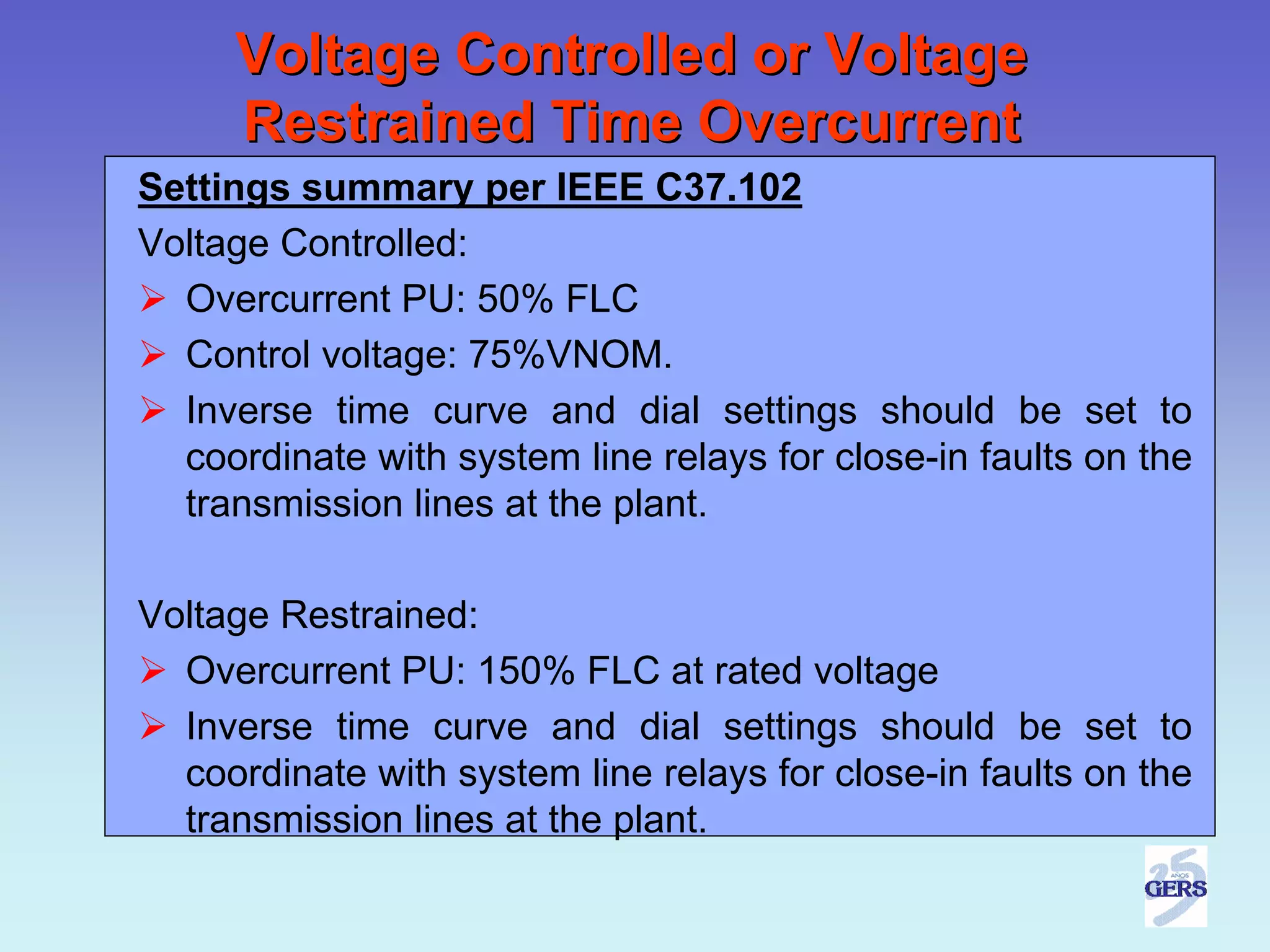 Voltage Controlled or Voltage
     Restrained Time Overcurrent
Settings summary per IEEE C37.102
Voltage Controlled:
  Overcurrent PU: 50% FLC
  Control voltage: 75%VNOM.
  Inverse time curve and dial settings should be set to
  coordinate with system line relays for close-in faults on the
  transmission lines at the plant.

Voltage Restrained:
  Overcurrent PU: 150% FLC at rated voltage
  Inverse time curve and dial settings should be set to
  coordinate with system line relays for close-in faults on the
  transmission lines at the plant.
 