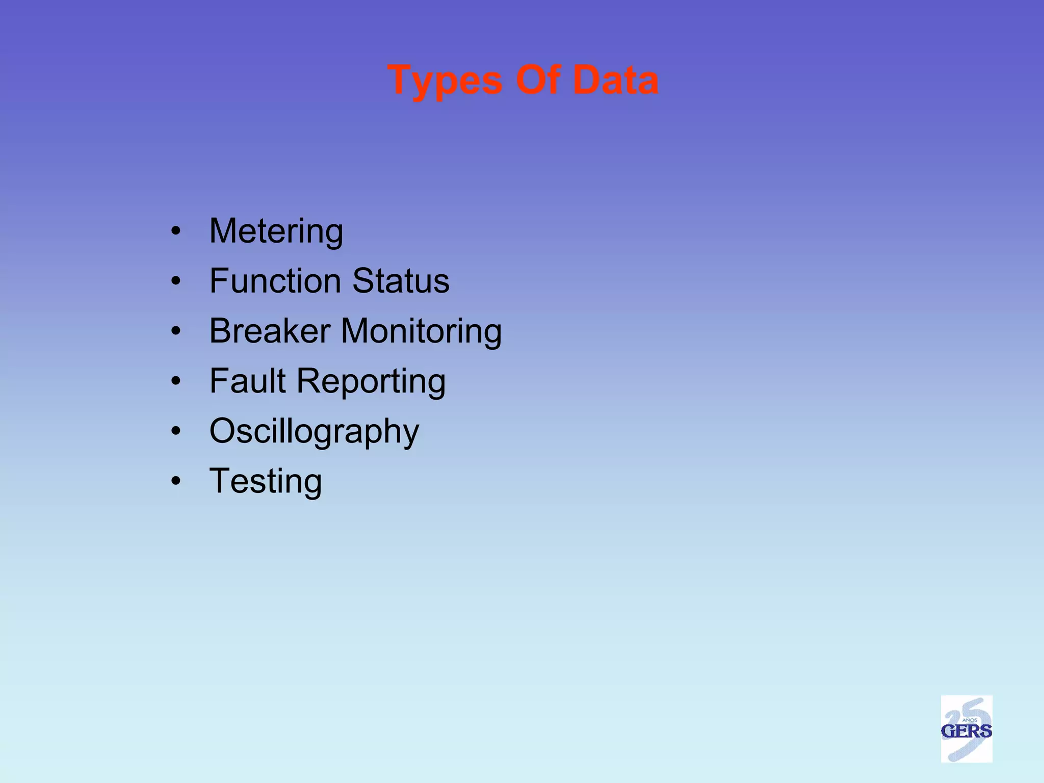Types Of Data


•   Metering
•   Function Status
•   Breaker Monitoring
•   Fault Reporting
•   Oscillography
•   Testing
 