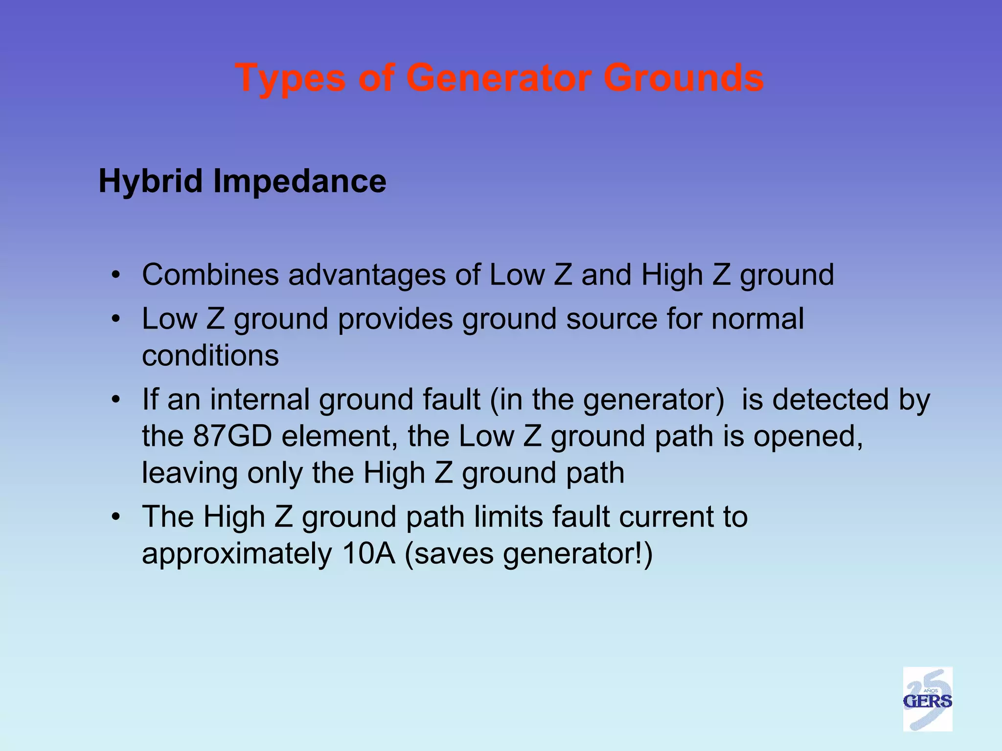 Types of Generator Grounds

Hybrid Impedance

• Combines advantages of Low Z and High Z ground
• Low Z ground provides ground source for normal
  conditions
• If an internal ground fault (in the generator) is detected by
  the 87GD element, the Low Z ground path is opened,
  leaving only the High Z ground path
• The High Z ground path limits fault current to
  approximately 10A (saves generator!)
 