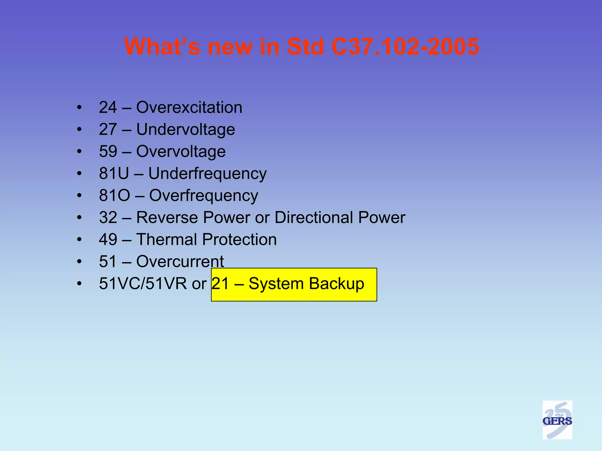 What’s new in Std C37.102-2005

•   24 – Overexcitation
•   27 – Undervoltage
•   59 – Overvoltage
•   81U – Underfrequency
•   81O – Overfrequency
•   32 – Reverse Power or Directional Power
•   49 – Thermal Protection
•   51 – Overcurrent
•   51VC/51VR or 21 – System Backup
 