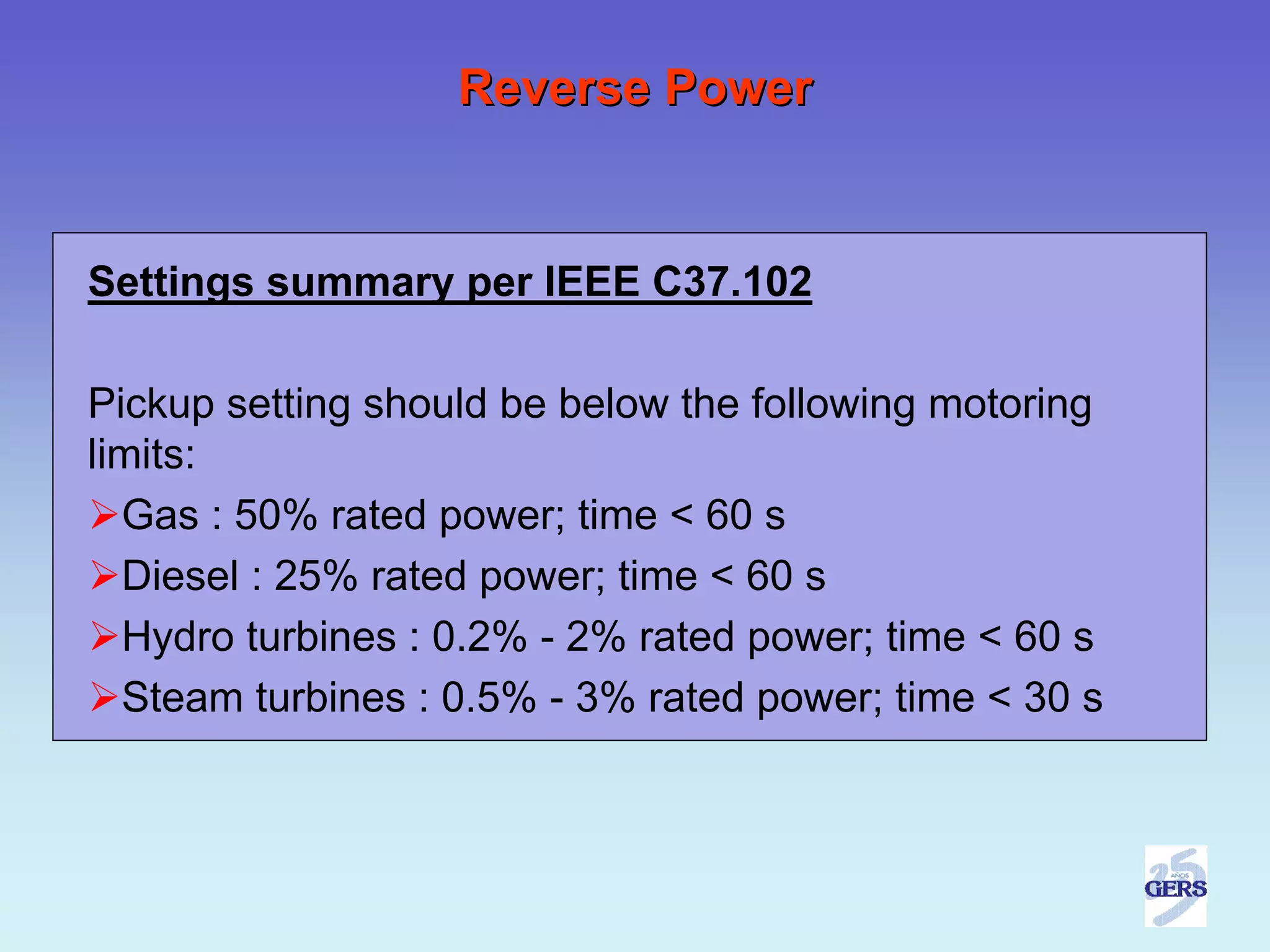 Reverse Power


Settings summary per IEEE C37.102

Pickup setting should be below the following motoring
limits:
  Gas : 50% rated power; time < 60 s
  Diesel : 25% rated power; time < 60 s
  Hydro turbines : 0.2% - 2% rated power; time < 60 s
  Steam turbines : 0.5% - 3% rated power; time < 30 s
 