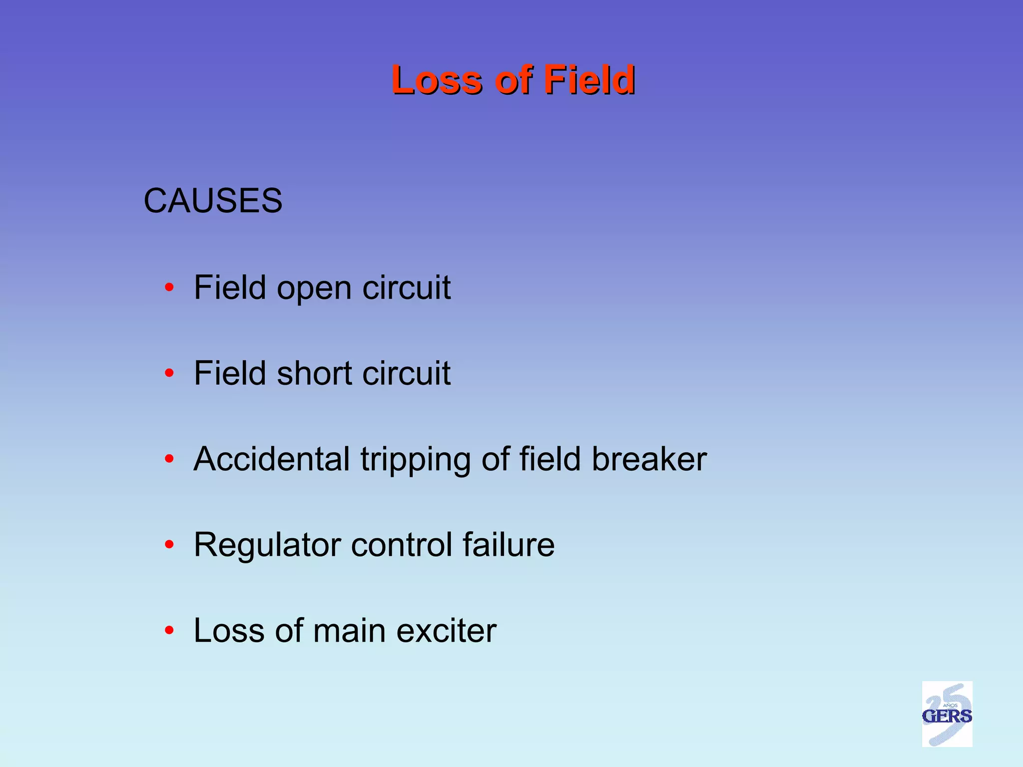 Loss of Field


CAUSES

• Field open circuit

• Field short circuit

• Accidental tripping of field breaker

• Regulator control failure

• Loss of main exciter
 