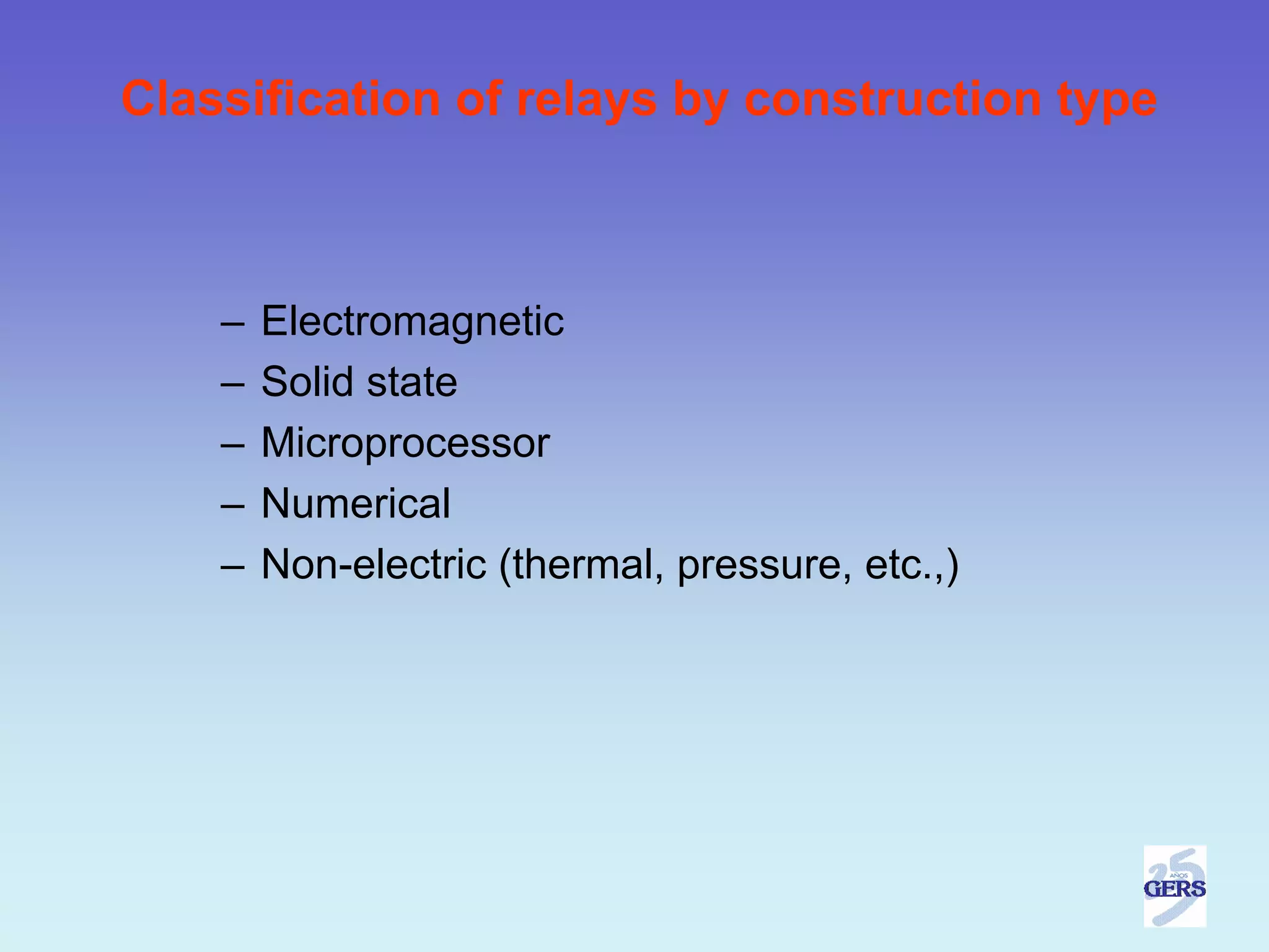 Classification of relays by construction type



    –   Electromagnetic
    –   Solid state
    –   Microprocessor
    –   Numerical
    –   Non-electric (thermal, pressure, etc.,)
 