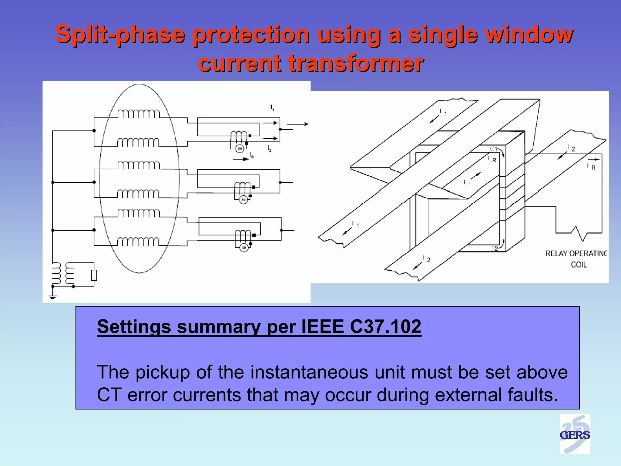 Split-phase protection using a single window
            current transformer




   Settings summary per IEEE C37.102

   The pickup of the instantaneous unit must be set above
   CT error currents that may occur during external faults.
 