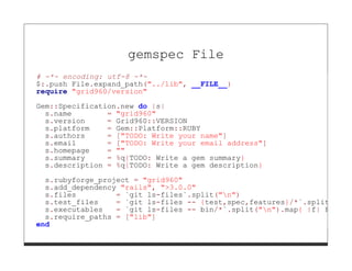 gemspec File
# -*- encoding: utf-8 -*-
$:.push File.expand_path("../lib", __FILE__)
require "grid960/version"

Gem::Specification.new do |s|
  s.name        = "grid960"
  s.version     = Grid960::VERSION
  s.platform    = Gem::Platform::RUBY
  s.authors     = ["TODO: Write your name"]
  s.email       = ["TODO: Write your email address"]
  s.homepage    = ""
  s.summary     = %q{TODO: Write a gem summary}
  s.description = %q{TODO: Write a gem description}

  s.rubyforge_project = "grid960"
  s.add_dependency "rails", ">3.0.0"
  s.files         = `git ls-files`.split("n")
  s.test_files    = `git ls-files -- {test,spec,features}/*`.split
  s.executables   = `git ls-files -- bin/*`.split("n").map{ |f| File
  s.require_paths = ["lib"]
end
 
