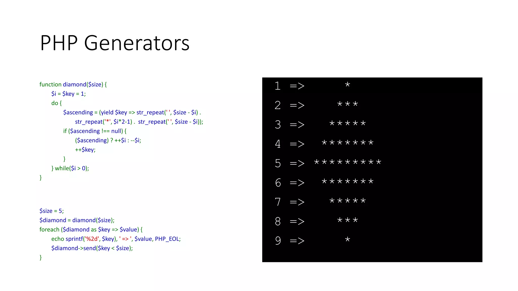 PHP Generators (Gotcha)
function generatorSend($limit) {
for ($i = 1; $i <= $limit; ++$i) {
$continue = (yield pow($i, $i));
if (!$continue)
break;
}
}
$generatorObject = generatorSend(100);
foreach($generatorObject as $key => $value) {
echo $key, ' -> ', $value, PHP_EOL;
$generatorObject->send($key >= 10);
}
0 -> 1
 