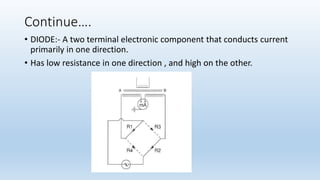 Continue….
• DIODE:- A two terminal electronic component that conducts current
primarily in one direction.
• Has low resistance in one direction , and high on the other.
 