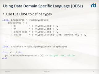 Using Data Domain Specific Language (DDSL)
8/25/2015 © 2015 RTI 26
local ShapeType = xtypes.struct{
ShapeType = {
{ x = { xtypes.long } },
{ y = { xtypes.long } },
{ shapesize = { xtypes.long } },
{ color = { xtypes.string(128), xtypes.Key } },
}
}
local shapeGen = Gen.aggregateGen(ShapeType)
for i=1, 5 do
print(shapeGen:generate()) –- output next slide
end
• Use Lua DDSL to define types
 